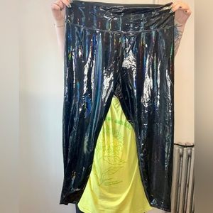 Good American Rainbow Holographic black latex vinyl leggings